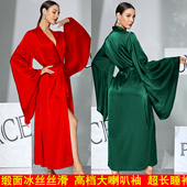 小众新娘晨袍冰丝白色超长款 浴袍 睡袍到脚踝亚马逊女黑色大喇叭袖