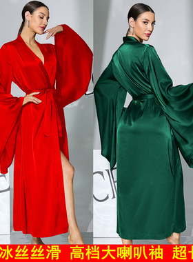 小众新娘晨袍冰丝白色超长款睡袍到脚踝亚马逊女黑色大喇叭袖浴袍