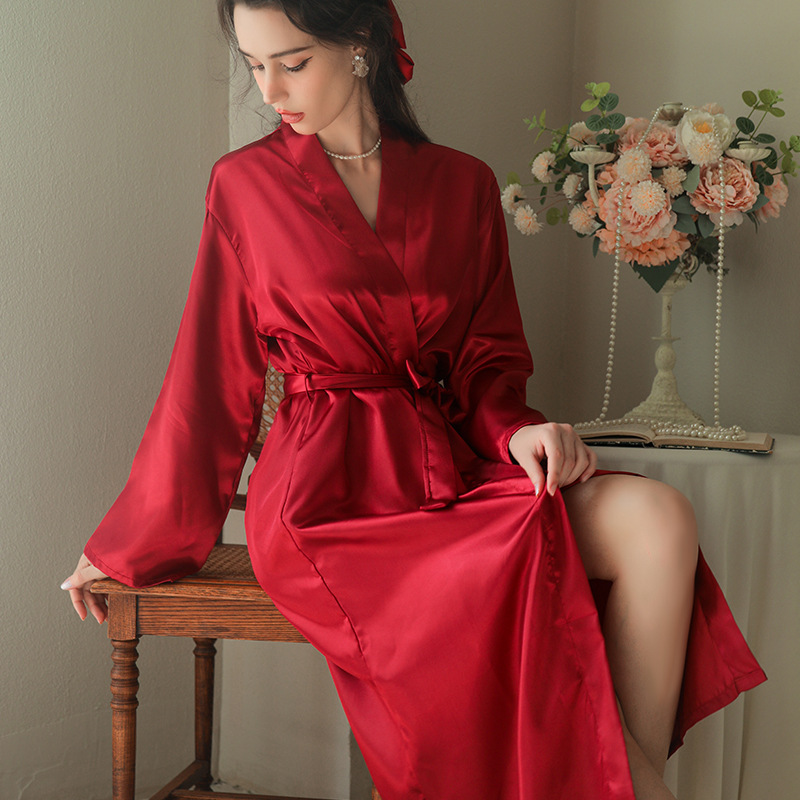 加长款新娘晨袍女春夏黑色睡袍长袖色丁仿真丝香槟色伴娘团化妆袍