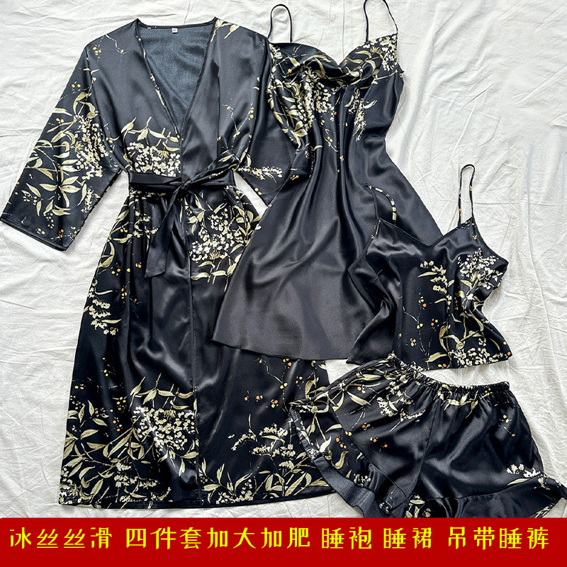 加大加肥冰丝四件套睡衣樱桃睡袍