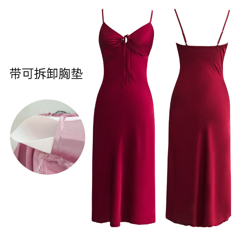 荡领女缎面仿真丝美背白色连衣裙