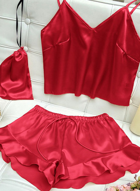 冰丝吊带短裤睡衣黄色女夏荷叶边甜美两件套绿色仿真丝家居服休闲