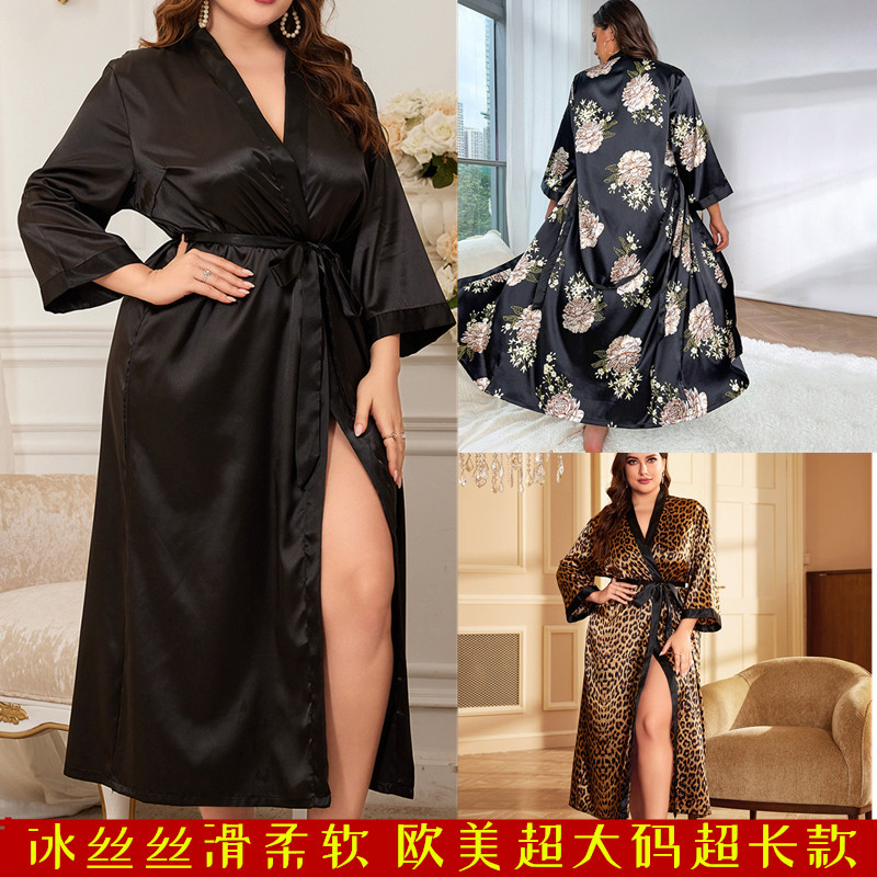 欧美加大加肥250斤冰丝超长睡袍女夏豹纹仿真丝花朵长袖200斤浴袍