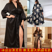 欧美加大加肥250斤冰丝超长睡袍女夏豹纹仿真丝花朵长袖 200斤浴袍