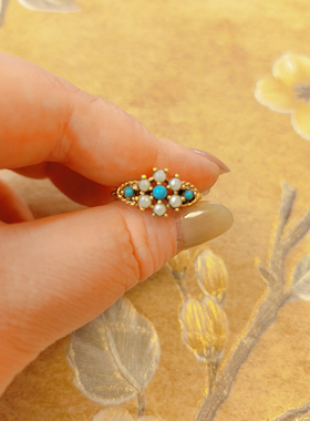 【BW古董】手工精镶绿松石珍珠戒指，弹性指围13-18