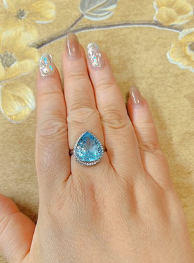 【BW宝石】海洋之心瑞士蓝托帕石戒指，银镶