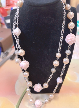 【BW中古】花园风格粉色玫瑰毛衣链，也可双圈项链，单圈43cm