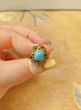 【BW中古】西德蓝绿色宝石戒指，人工掐丝戒托戒围