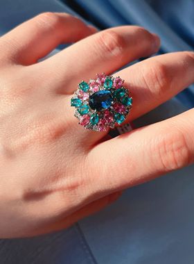 【BW宝石】伦敦蓝托帕石戒指，银托配石为碧玺，开口戒带证书