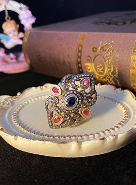 【BW宝石】ART DECO活口戒，老烧蓝宝石主石老烧红宝石和钻石配石