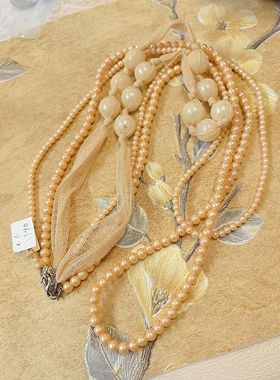 【BW中古】玫瑰金色琉璃珍珠三层套链，最里面一条是网状包裹珍珠