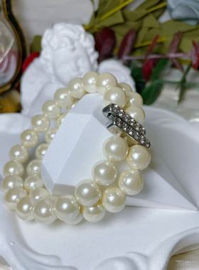 【BW中古】中古vintage双层澳白色琉璃珍珠手串，碎钻磁吸扣