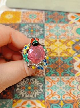 【BW中古】大粉莱茵石花丛戒指，少见款，戒围14-15，特价168