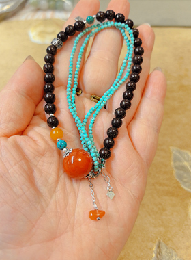 【BW宝石】天然南红转运珠配绿松石项链，AB款