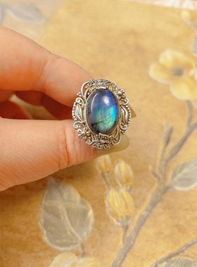 【BW古董】“蓝夜”＿维多利亚时期的老银镶蓝月光石戒指，活口戒