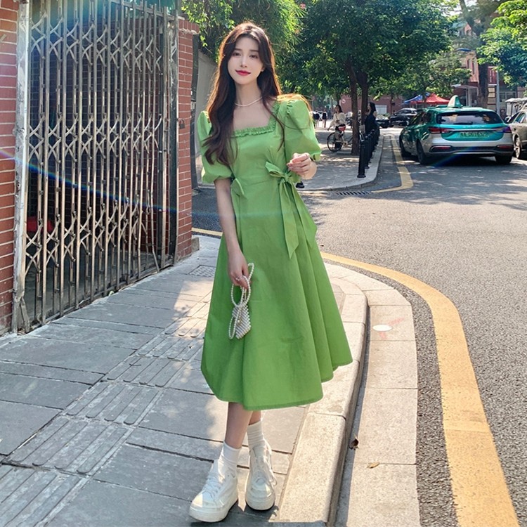 蝴蝶结系带方领连衣裙女夏宽松韩版泡泡袖收腰显瘦学院风初恋裙