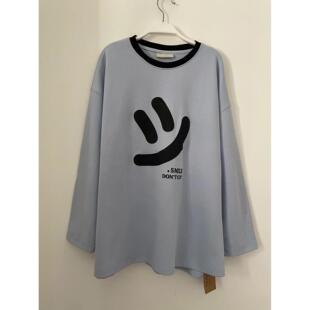 秋季新款超大款笑脸蓝色长袖T恤女宽松圆领打底衫 女装