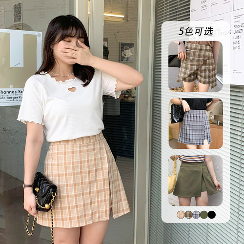 大码女装宽松显瘦格纹半身裙裤