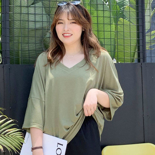 大码女装短袖V领中长款T恤