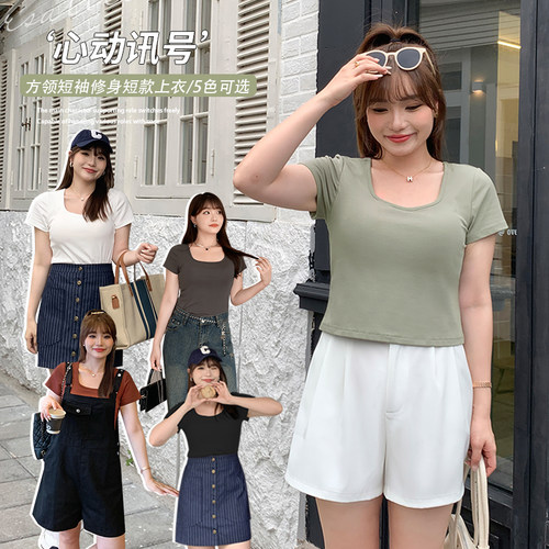 大码胖妹妹带胸垫方领T恤上衣