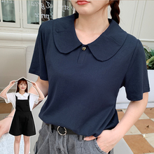 春夏胖mm娃娃领日系减龄T恤大码女装宽松显瘦简约短袖上衣女31812