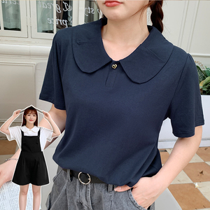 爱心纽扣娃娃领日系减龄T恤女大码女装胖mm宽松简约短袖上衣31812