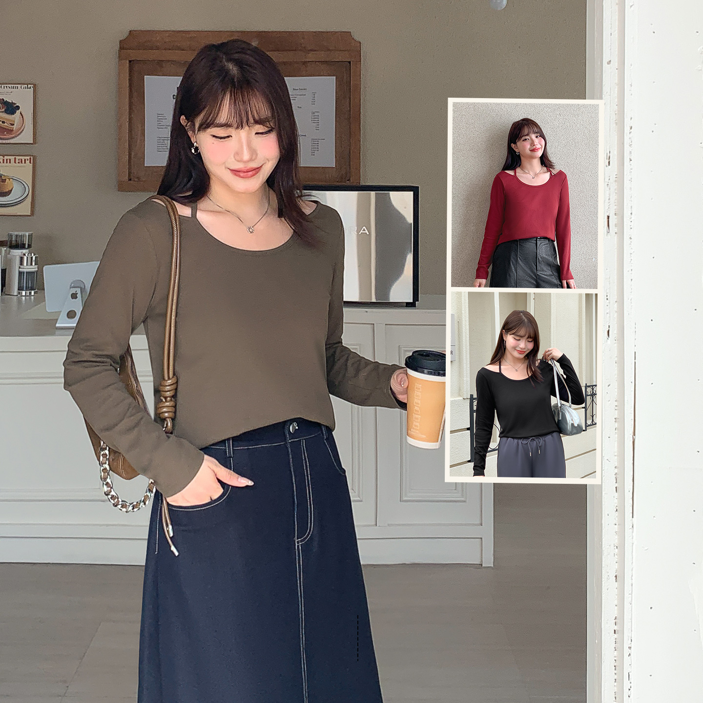 大码女装胖美眉挂脖正肩长袖T恤