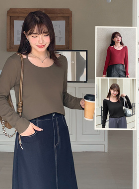 大码女装胖美眉挂脖正肩长袖T恤打底衫显瘦减龄叠穿短款上衣32277