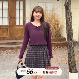 胖mm显瘦圆领正肩长袖 紫色绑带木耳边打底衫 T恤上衣32295 女装 大码