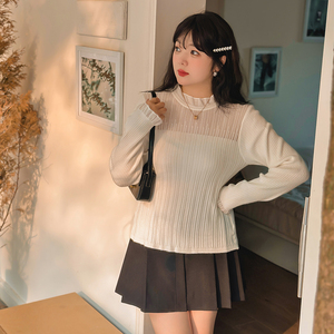 大码女装蕾丝拼接木耳边上衣2023秋冬胖mm气质打底针织衫女N0175