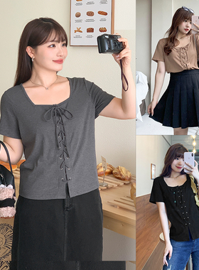 春夏设计感抽绳系带方领t恤衫宽松显瘦减龄针织打底上衣女90329