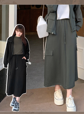 大码女装高腰工装卫衣半身裙秋冬200斤胖mm休闲松紧腰裙子32145