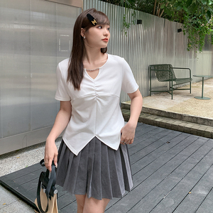 夏季胖mm大码女装新款韩版别致链条镂空T恤小众不规则短袖20627