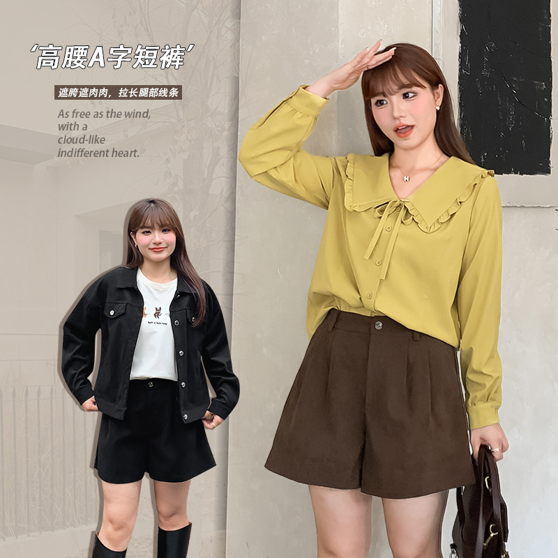 大码女装高腰A字灯芯绒短裤