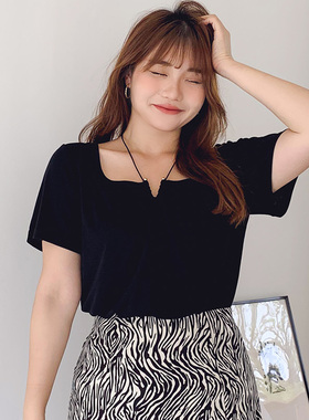 大码女装春夏200斤胖MM性感交叉绑带短袖针织打底衫上衣31420