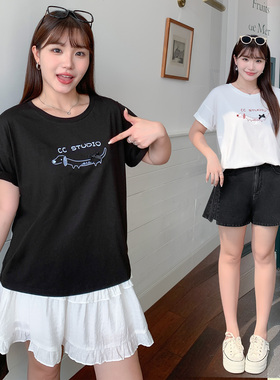 大码女装胖mm减龄短袖正肩T恤宽松显瘦遮肉甜美百搭圆领上衣32245