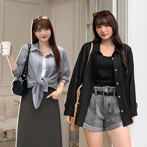 微胖mm华夫格防晒衬衫女夏季新款纯色宽松外套长袖外搭上衣32066