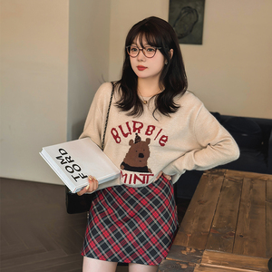 大码女装圆领提花小熊上衣2023秋冬新款胖mm内搭打底针织衫N0174