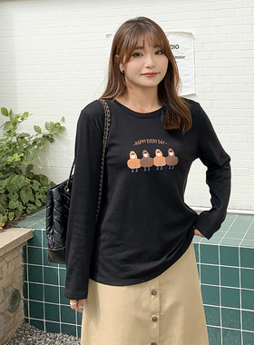 大码女装秋冬胖mm简约T恤衫磨毛百搭显瘦长袖圆领打底上衣31353