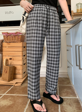 大码女装早秋韩版松紧高腰格子长裤胖mm宽松九分休闲裤子31833
