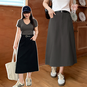 微胖mm后开叉a字长裙女夏季新款大码高腰中长款直筒半身裙32069