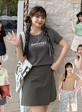 大码女装春夏字母短袖T恤200斤胖mm简约木耳边多色上衣32002