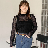 女装 200斤胖mm甜美性感长袖 蕾丝衫 大码 半高领套头打底衫 上衣31592