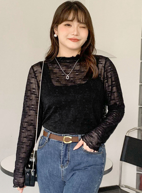 大码女装200斤胖mm甜美性感长袖蕾丝衫半高领套头打底衫上衣31592