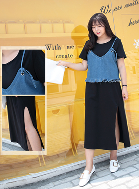 春夏大码女装胖mm韩版宽松T恤裙牛仔吊带背心马甲套装两件套64420