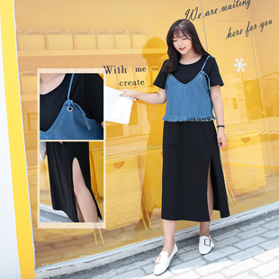 春夏大码女装胖mm韩版宽松T恤裙牛仔吊带背心马甲套装两件套64420