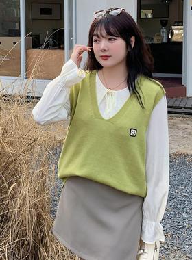 秋冬200斤大码女装胖mm宽松显瘦V领针织背心减龄马夹上衣20526