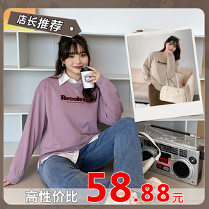 大码女装秋冬新款台湾风宽松胖mm加绒圆领字母卫衣女31617