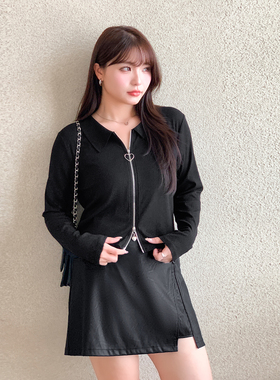 大码女装胖mm设计感小众双拉链长袖T恤修身显瘦打底针织上衣31580