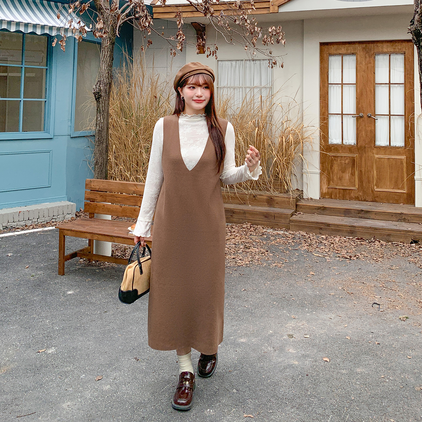 大码女装外搭v领针织背心连衣裙